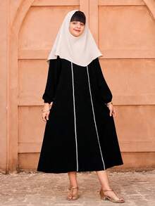 SHEIN Tween Girl Casual Minimalist Ribbon Detail Lantern Sleeve Dress, Autumn - Black - View 6