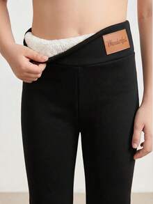 SHEIN 女童秋冬加厚內裡保暖緊身褲，返校休閒發熱緊身褲 - 黑色 - 查看 4