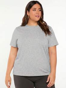 SHEIN BASICS 大尺碼純色圓領T恤夏季上衣 - 淺灰色 - 查看 4