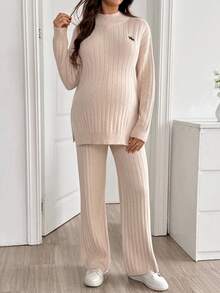 SHEIN Conjunto de suéter de unicolor con abertura lateral & pantalones de punto para maternidad - Albaricoque - Ver 5