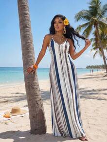 SHEIN Lady 女款休閒波希米亞風藍白條紋細肩帶洋裝，適合度假、海灘、夏季 - 藍色 - 查看 4