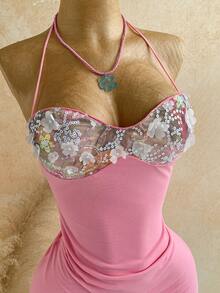 Ure Wave Women's 3D Floral Decor Sequin Patchwork Backless Halter Mini Dress - Multicolor - View 11