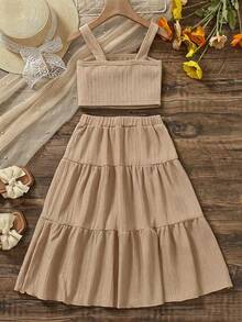 SHEIN Elladie kids 女童背心套裝，休閒可愛復古風，夏季開學穿搭，適合戶外運動與日常舒適穿著的套裝 - 卡其色 - 查看 2