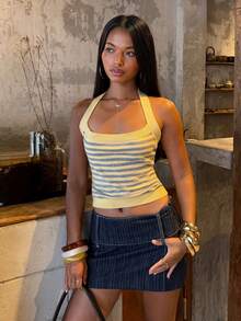 SHEIN BAE Contrast Color Striped Halter Neck Cropped Slim Fit Sexy Women's Sweater - Butter Yellow - View 1