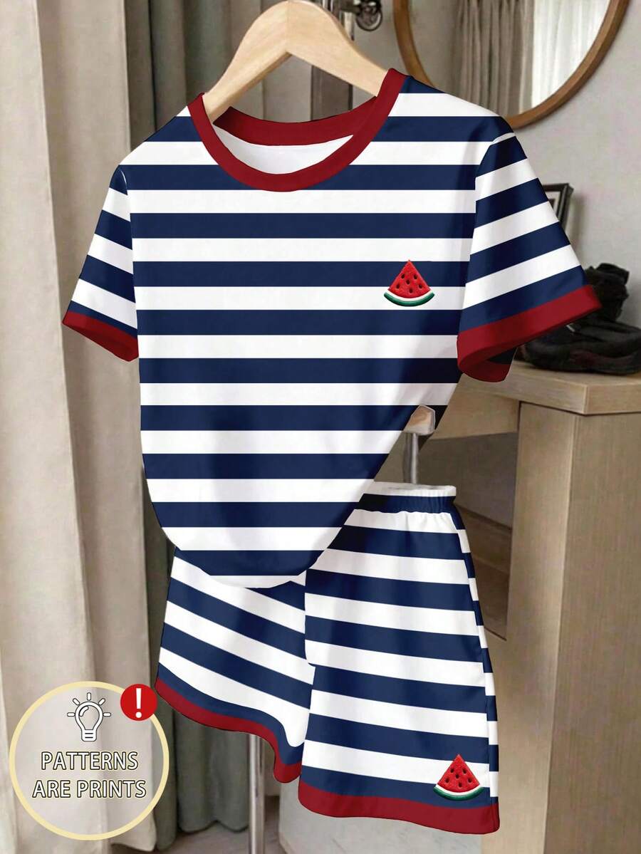 SHEIN 青少年女孩全印花短褲套裝 藍色與白色條紋休閒穿搭 夏季西瓜印花短袖T恤與短褲2件套 - 彩色 - 查看 1