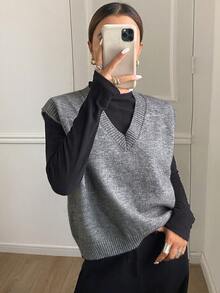 DAZY 女式宽松纯色V领毛衣背心，秋冬，返校服装 - 深灰色 - 查看 11