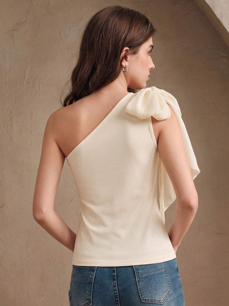 Anewsta Top de mujer de punto elástico ajustado con cuello asimétrico y lazo, elegante, casual, sexy, para primavera/verano, nuevo, para salir, fiesta, cita, boda, vacaciones y viajes