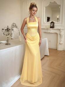 Seusyu Women's Solid Color Pleated Slim Fit Halter Neck Elegant Cocktail Dress - Yellow - View 4