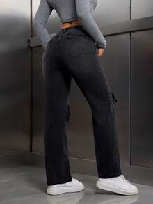 SHEIN Tall Jeans de mezclilla casuales desgastados para mujer con bolsillos con botones delanteros, estilo básico, para mujeres altas - Negro - Ver 2