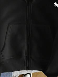 SHEIN Tween女孩寬鬆休閒極簡舒適日常街頭風連帽短版長袖衛衣 秋季外套 白色返校穿搭 - 黑色 - 查看 5