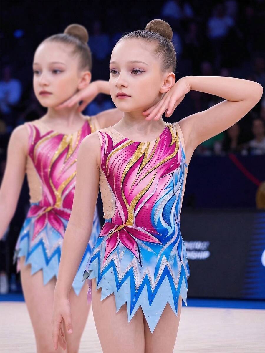 SHEIN Girls' One-Piece Athletic Jumpsuit,  Gymnastics, Dance Competitions, Exquisite Prints Comfortable Stretch,Figure Skating Dress,High Stretch Fitted - Multicolor - View 1