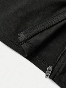 SHEIN 少女黑色修身針織休閒長袖拉鍊外套，極簡休閒彈性領口修身長袖舒適T恤，秋季款 - 黑色 - 查看 4