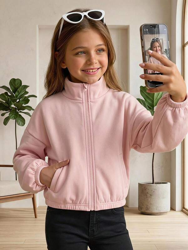 Girlism Tween Girl Tween Girls Coats Autumn/Winter New Pink Solid Color Zipper Long Sleeve Casual Hooded Sweatshirt Jacket, Airport, Back To School, Sister Outfit