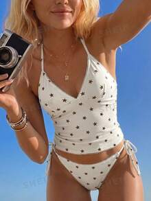 Swim Mod Conjunto de Bikini de Tirantes con Estampado de Cuadros y Cerezas Dulces de Verano - Amarillo claro - Ver 8