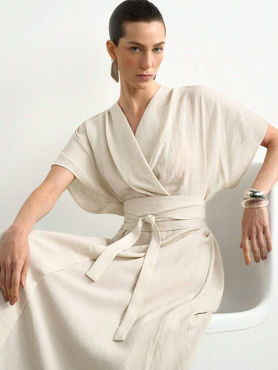 Aalyst Women's Spring/Summer French Style Elegant Luxury Minimalist High-End Design Casual Bohemian Vacation Commute Comfortable Solid Color Linen Blend Fabric Cross Neck V-Neck Dropped Shoulder Cap Sleeve Waist Tie Belt Cinched Waist A-Line Long Dress With Pockets