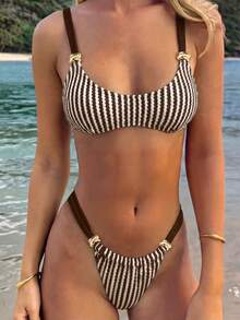 Bonvoyette Ladies Beach Striped Knitted Jacquard Metal Jewelry Beautiful Back Fashionable Sexy Bikini Set - Multicolor - View 1
