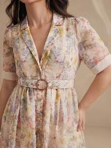 Anewsta Frühling/Sommer eleganter Stil helles Apricot hochwertig positioniert bedrucktes Kurzarm-Hemdkleid mit geraffter Taille und Bindung vorne, Damen-Maxikleid in großen Größen - Verschiedenfarbig - Übersicht 2