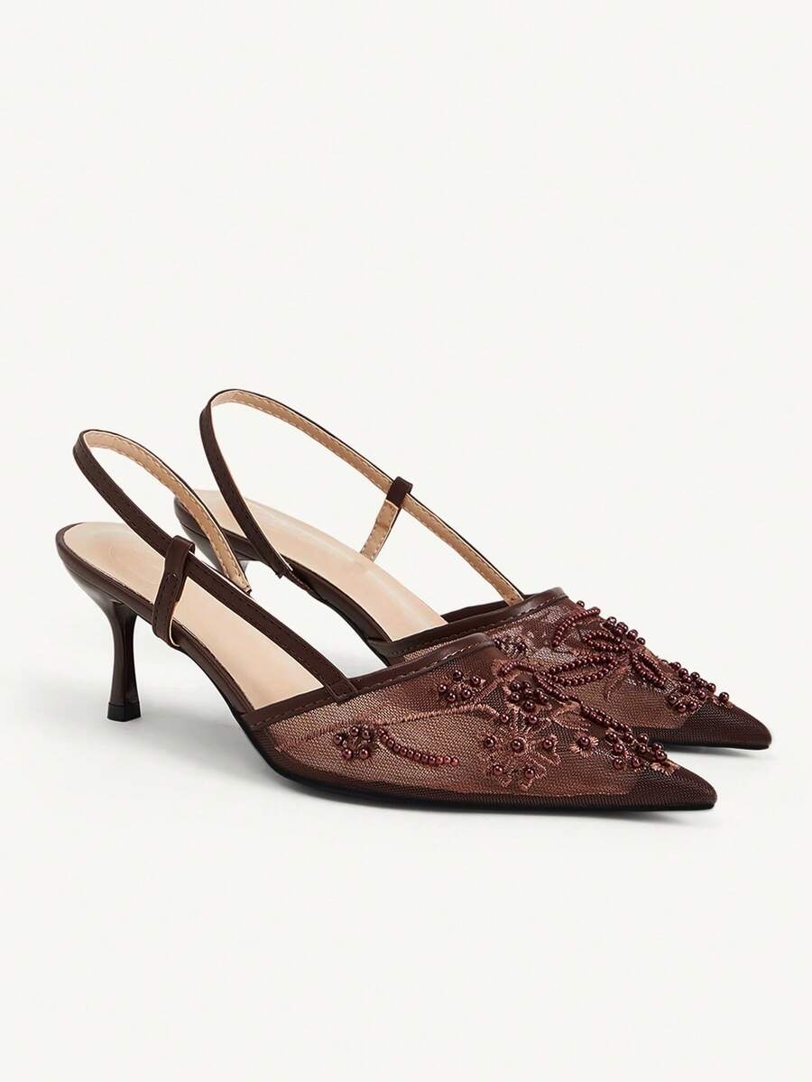 CUCCOO CHICEST 女鞋春夏新款，網布刺繡露跟涼鞋，尖頭細高跟，復古輕熟風，通勤穿搭 - 棕色 - 查看 1