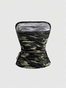 ROMWE J-Fashion Top tubo negro Y2K con remaches en cruz, strass, cordón y abertura para mujer - Verde militar - Ver 2