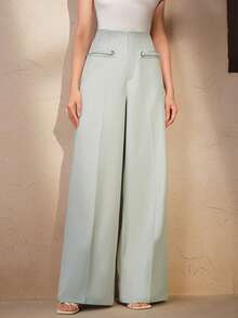 Anewsta Elegant All-Season Commute Work Outfits For Women, Braided Decor Front Pleated Mint Green Women's Suit Pants, Suitable For Commuting, Daily Wear, Outings - Mint Green - View 5