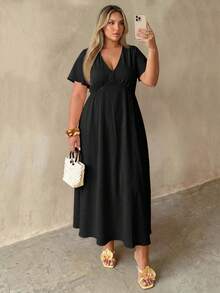 Auralis Plus Size Summer Casual Solid Color Waist-Cinching Dress Brunch Bussines Vacation Black - Black - View 4