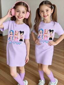 Elladie kids 春夏少女休闲时尚创意个性清新简约可爱卡通虚拟少女团体人物爱心星星图案字母标语印花休闲基础款紫色短袖T恤裙，舒适日常穿着，适合春、夏、秋季穿着。 - 紫色 - 查看 6