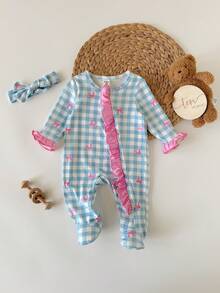 SHEIN Newborn Baby Cute Knitted Casual Cartoon Pattern Romper And Headband Set - Blue and White - View 5