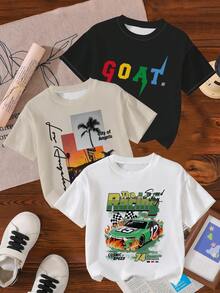 3pcs Young Boys' Casual Printed Short Sleeve Round Neck T-Shirts, With "GOAT", "Los Angeles" And Racing Car Graphics, Suitable For Daily And School Wear, White, Apricot And Black T-Shirts 3 Pieces - Multicolor - View 1
