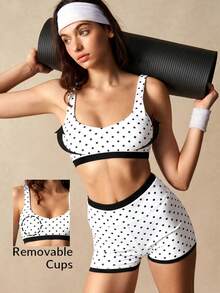 VARSIVA Women's Color Block Polka Dot Print Ultra Short Tank Top & Shorts Sports Set - Black and White - View 2