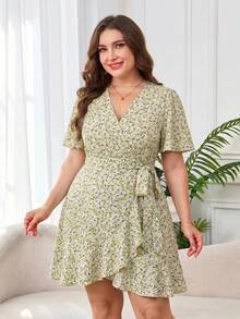 Reflora Plus Size Women's Summer Dress, Elegant Goth Ditsy Floral Dress With Ruffle Patchwork, Short Sleeve, Short Length, Tie Waist, V-Neck Vacation Pastel - Yellow - View 4