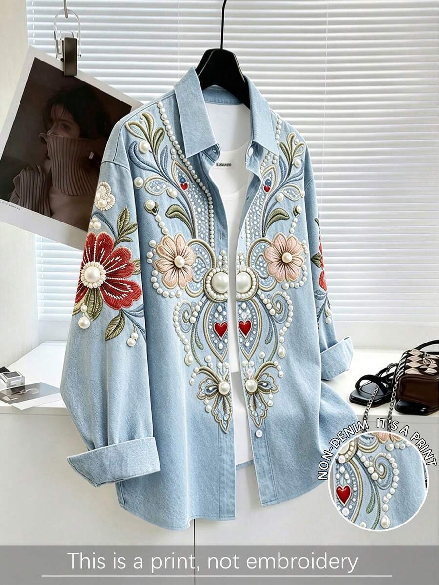 Franclia Blus Wanita Motif Bunga Warna-warni, Desain Niche Longgar Kasual Chic Mewah Elegan untuk Perjalanan Lengan Panjang Pelindung Matahari - MultiWarna - View 1
