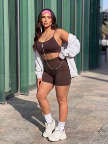 Dewbera Dewbera Women's Plus Size Solid Color Camisole Top And High Waist Shorts Casual Daily Sports Set - Coffee Brown - View 7