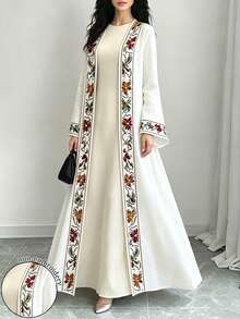 SHEIN Najma 花卉蕾絲仿刺繡印花白色女款優雅阿拉伯式長袍，春秋時尚長袖開襟長外套，阿拉伯風情服飾 - 彩色 - 查看 3