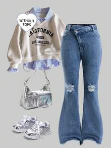 SHEIN ChillGRL TWEEN GIRLS 青少年女孩牛仔褲，女孩牛仔喇叭褲，四季通用復古 Y2K 中藍色牛仔色，水洗磨損效果，不對稱腰頭配斜扣，膝蓋破洞磨損，毛邊褲腳，彈性喇叭版型，舒適彈性棉牛仔布，可搭配 T 恤和運動衫，適合音樂節、日常穿著、聚會 - 淺色水洗藍 - 查看 6