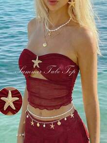 SHEIN Holidaya Top corto de punto de textura rojo vino con diseño hueco en la parte delantera, estilo vacacional - Burdeos - Ver 1
