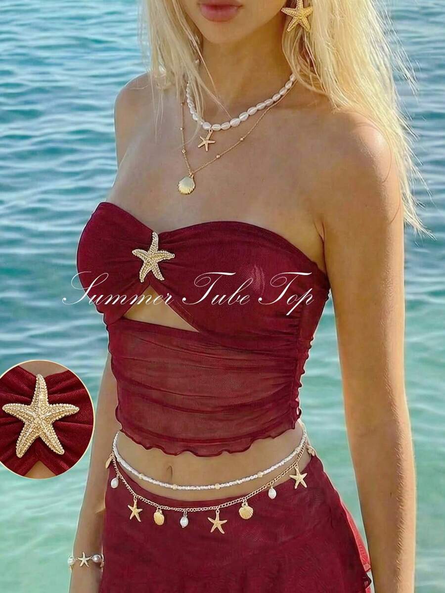 SHEIN Holidaya Top corto de punto de textura rojo vino con diseño hueco en la parte delantera, estilo vacacional - Burdeos - Ver 1