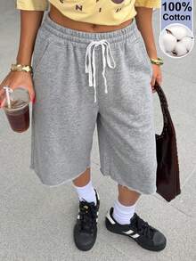 Muchica Gray Knitted Women's Drawstring Waist Pocket Casual Sporty Shorts Gym Summer - Light Grey - View 2