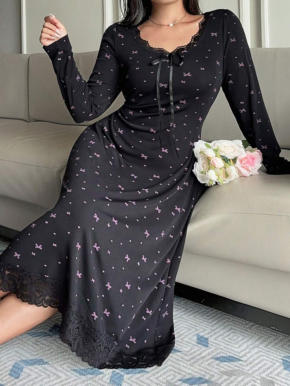 Dazy Plus Bowknot Print Full Body Floral Contrast Lace V-Neck Slim Fit Elegant Long Dress Loungewear Nightgown Spring Summer Autumn