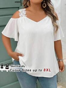 SHEIN CURVE+ 女款大尺碼夏季度假純色露肩休閒短袖襯衫 - 白色 - 查看 1