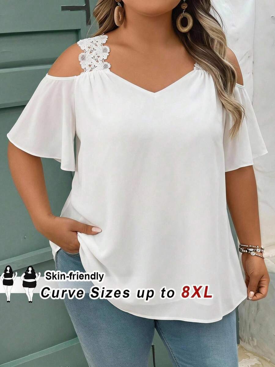 SHEIN CURVE+ 女款大尺碼夏季度假純色露肩休閒短袖襯衫 - 白色 - 查看 1