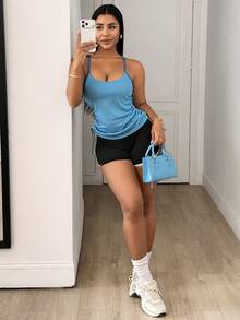 SHEIN Sports 女款側邊抽繩日常健身運動背心 - 藍色 - 查看 5