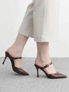 CUCCOO BIZCHIC 女款春夏新款簡約金屬扣尖頭高跟鞋 白色後背細跟涼鞋 通勤百搭款 - 咖啡棕 - 查看 4