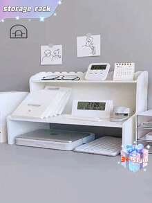 1 Double-Layer Height-Adjustable Desktop Shelf For Dormitory/Office Use, Organizing Cosmetics, Stationery, And Books. - White - View 4