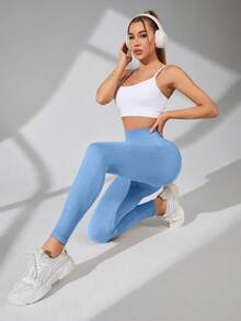 Easithlete 女款中高腰天藍色瑜伽運動無縫緊身褲 - 天藍色 - 查看 3