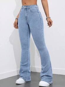 SHEIN PETITE Casual Washed Slim Fit Flare Leg Jeans ,Petite Women - Light Wash - View 4