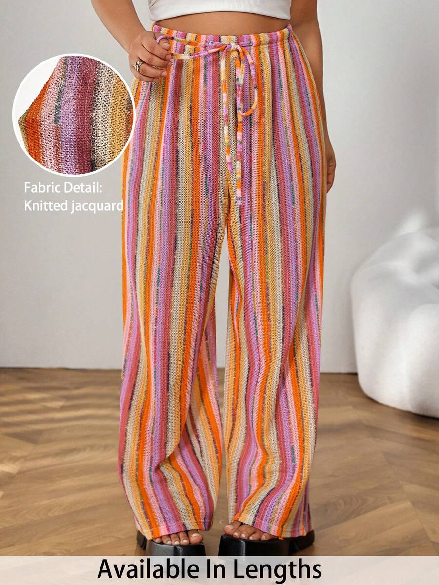 SHEIN PETITE CURVE 大尺碼女款低腰休閒波希米亞風紫色鉤編直筒居家長褲,適合度假、海灘、旅行、沙灘、音樂節、夏季 - 彩色 - 查看 1