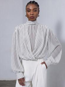 Aveloria Modichic Blusa Feminina de Chiffon com Gola Semi-Alta, Estampa de Poá em Contraste Preto & Branco, Tecido de Chiffon Transparente, Design de Abotoamento Sobreposto, Manga Bufante Solta, Uso Versátil, Blusa Transparente, Marrom Chocolate, Luxo Silencioso, Declaração - Branco - Visão 5