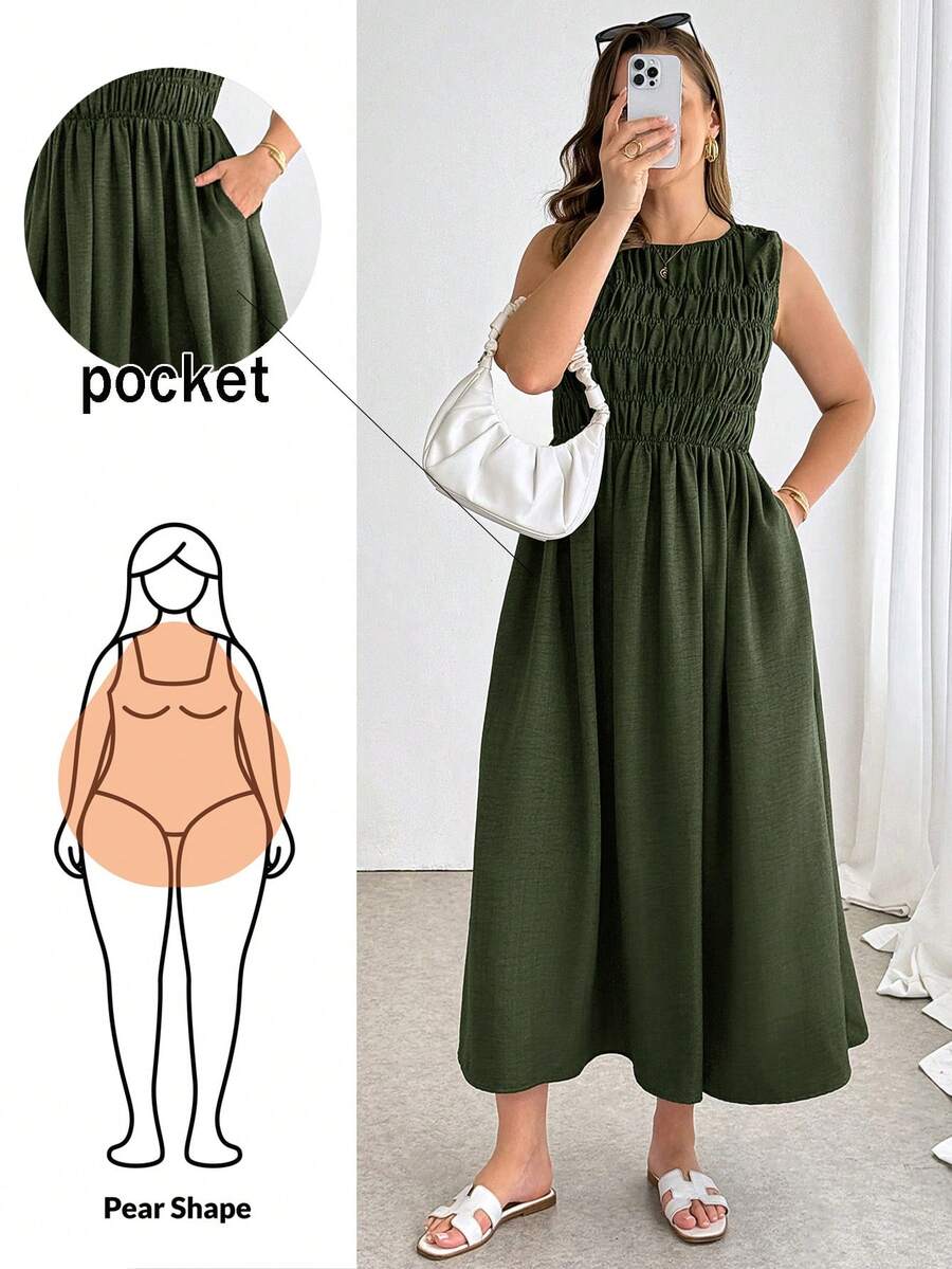SHEIN Essnce Plus Size Summer Casual Solid Color Sleeveless Dress - Army Green - View 1