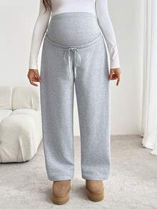 SHEIN Maternity Casual Versatile Solid Color Fleece Lined Sweatpants - Grey - View 4