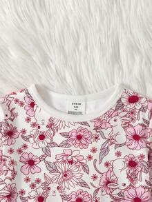SHEIN 女童休閒簡約花卉兔圖案修身舒適圓領短袖長褲家居服套裝，適合春夏秋冬穿搭 - 彩色 - 查看 5
